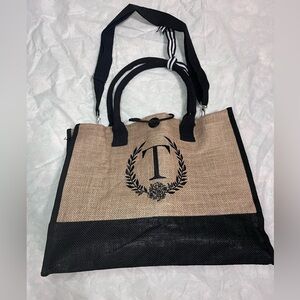 BeeGreen Canvas/Jute Tote Bag With Pocket - Monogrammed “T”, NWOT